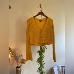 Yellow button up cardigan crop knit sweater.